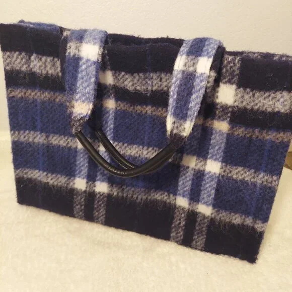 H&M Plaid Wool Tote Bag – Blue, Navy & White Check | Cozy Winter Purse - Picture 2 of 10